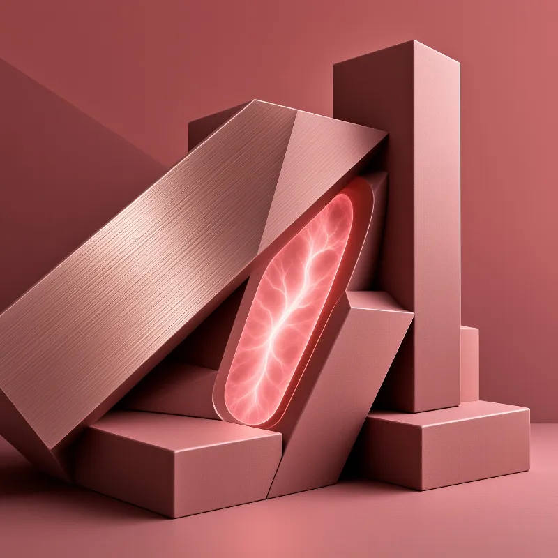 Brushed pink prisms lean against matte rectangular volumes around a luminous organic insert veined with pale light