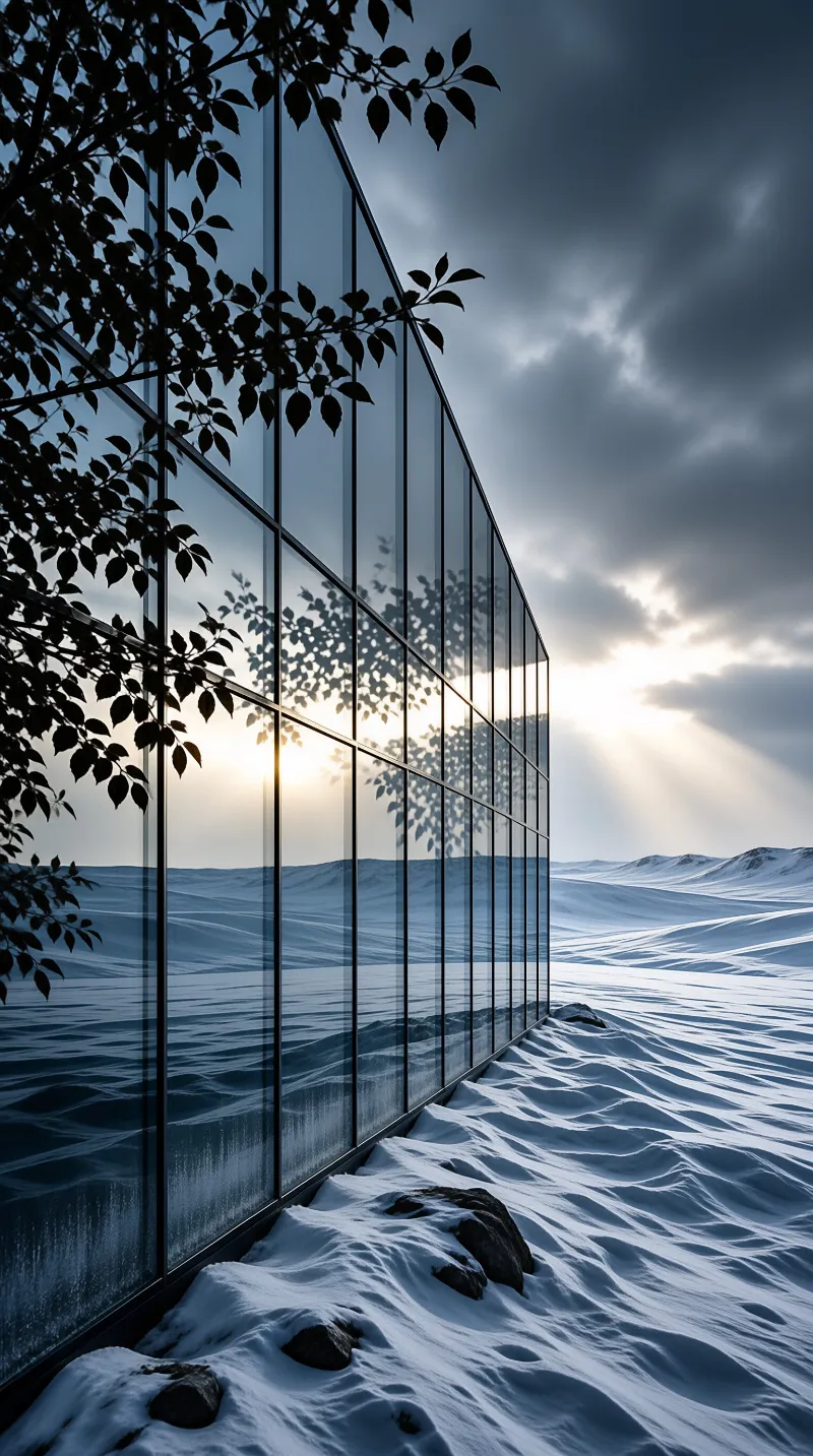 A modern glass building stands amidst rolling snowy hills while dark tree branches frame the left side against a dramatic sky.