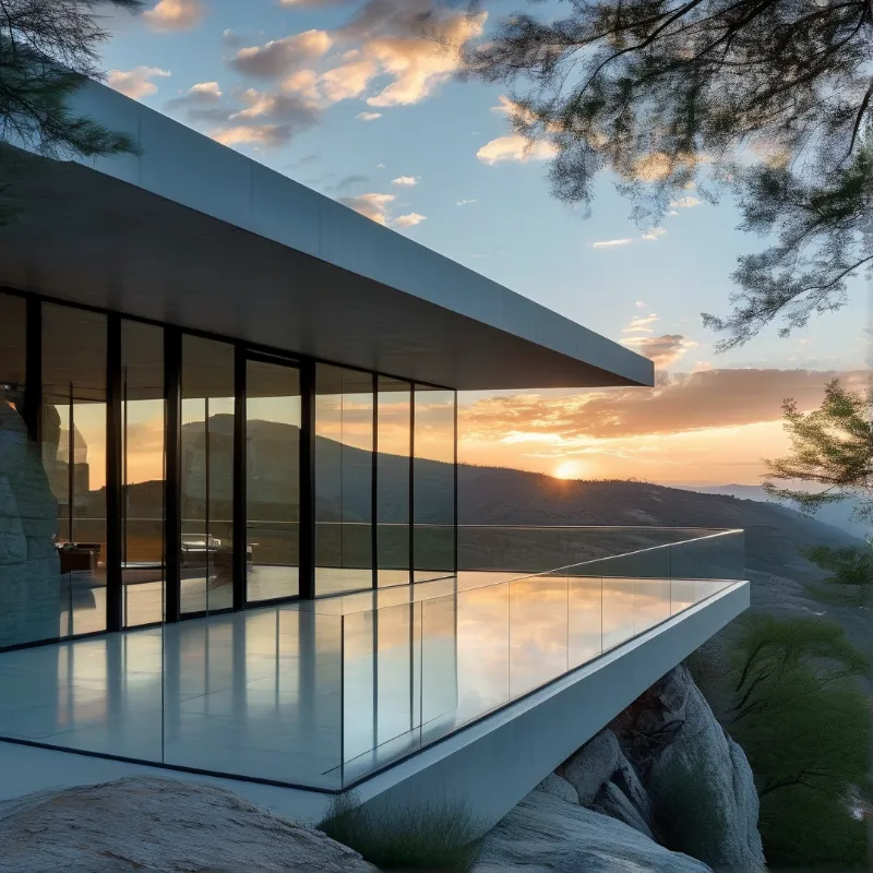 Floor to ceiling windows and a floating terrace catch the last orange light above a sunset valley.