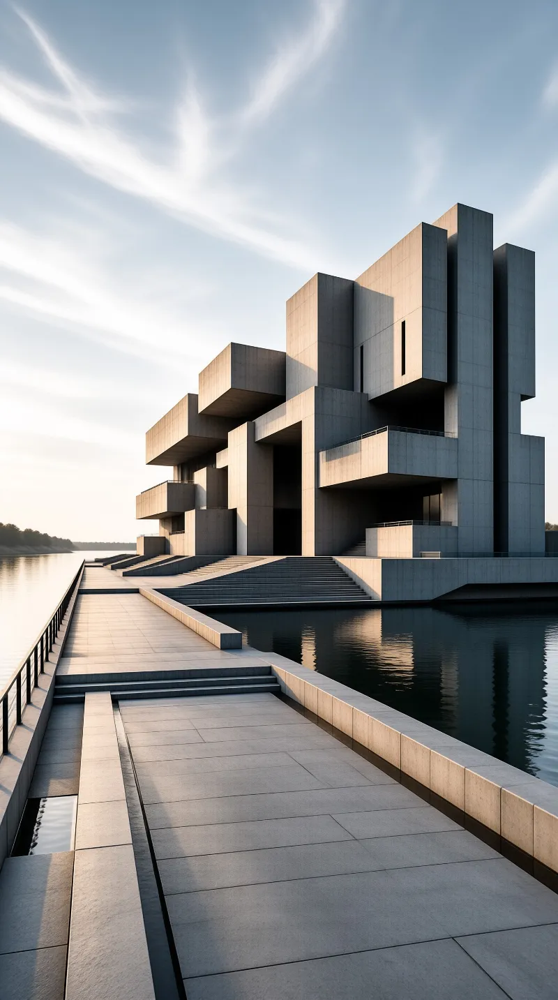 Angular concrete blocks rise from a waterfront terrace while their reflection wavers in the pale morning light.