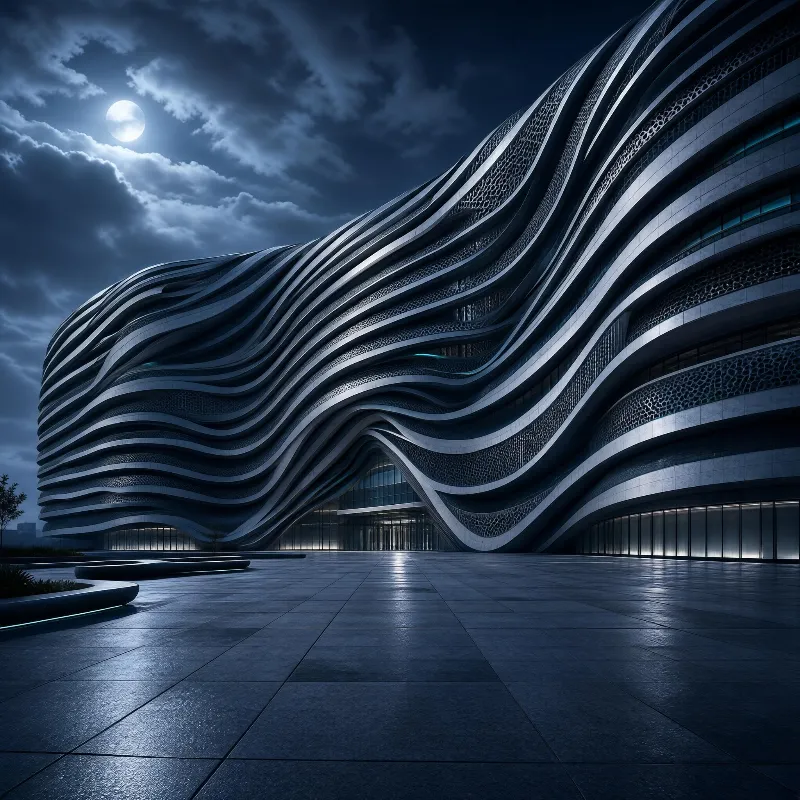 A wavy modern building stands under a dark, cloudy night sky illuminated by a full moon, with a reflective plaza in the foreground
