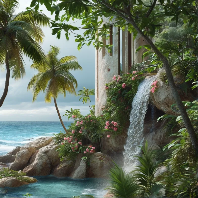 A crumbling stone tower features a waterfall flowing over pink flowers near the ocean and palm trees.