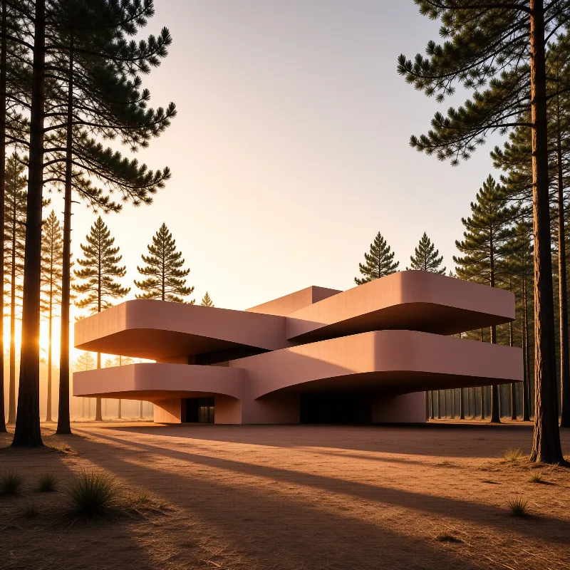 A sculptural pink building rests among tall pine trees as golden sunlight casts long shadows across the ground.