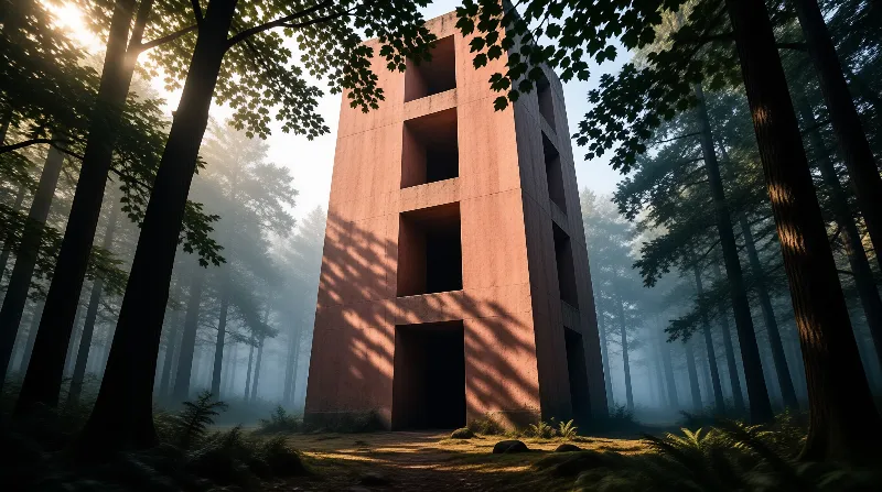 Concrete tower rising in misty forest with sunlight filtering through trees casting diagonal shadows on its vertical face.