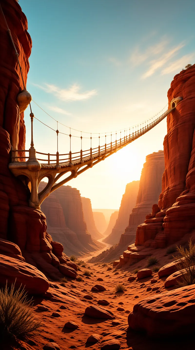 A suspension bridge stretches across a vast red rock canyon illuminated by the warm light of a setting sun.