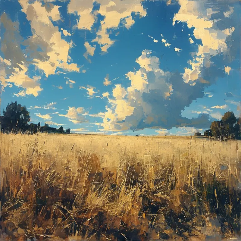 A landscape painting of tall dry grasses in the foreground with a wide blue sky and white clouds above a distant treeline.