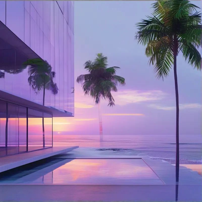 A sleek modern waterfront home with a glass wall and reflecting pool beneath purple twilight palms.