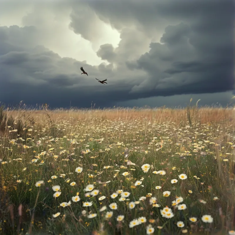 Two birds soar above a sunlit field of white wildflowers and tall grass beneath a heavy dark cloudy sky.