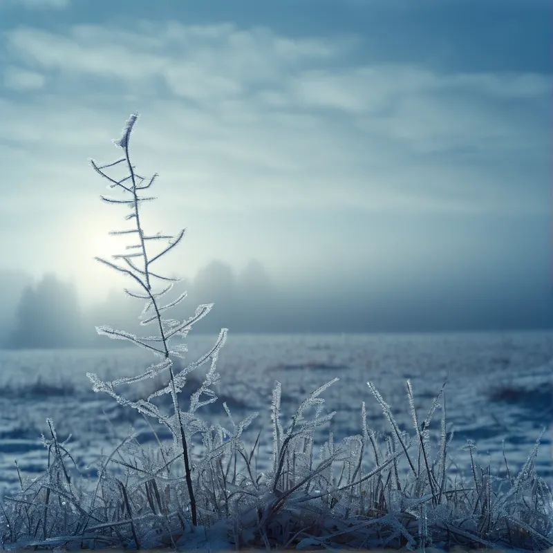 Fine blades of frozen grass catch pale backlight as the low sun glows through mist over a blue winter field.