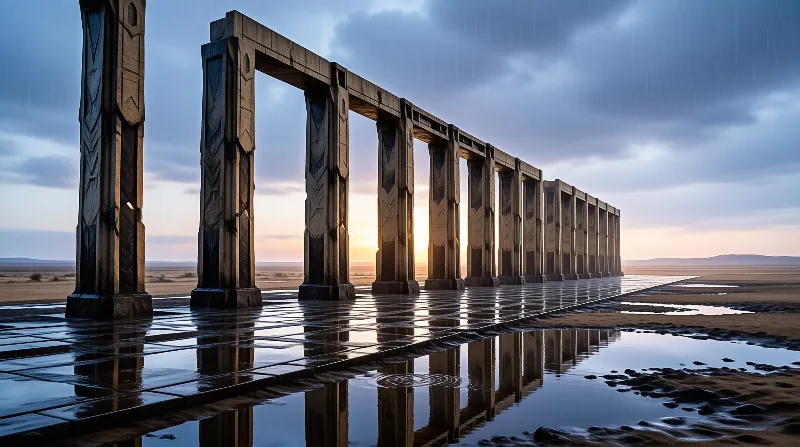 Chevron carved pillars recede across wet pavement that mirrors their shapes under storm clouds split by warm horizon light.