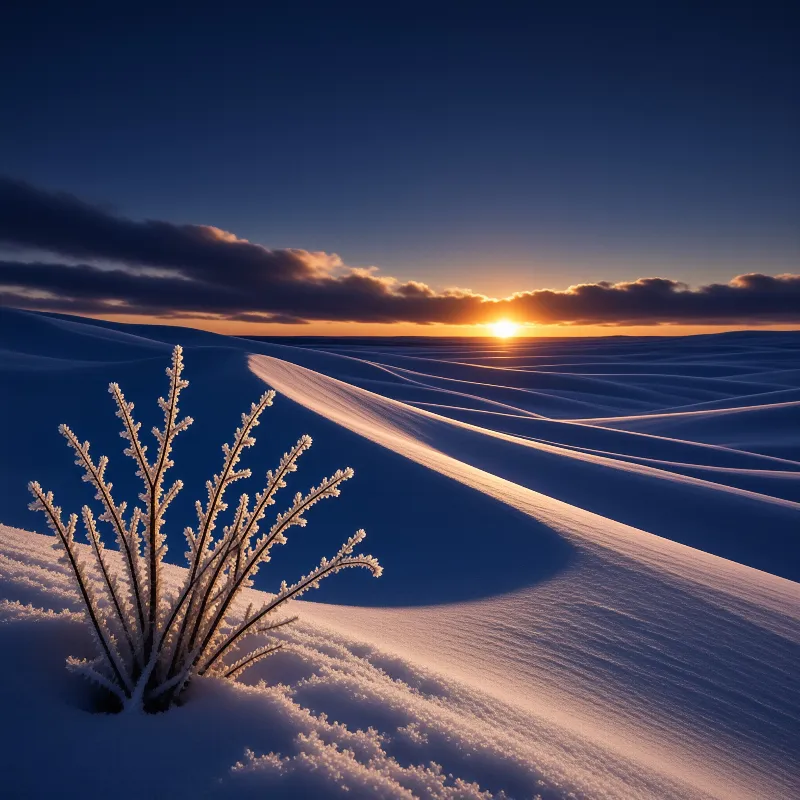 A frost covered plant stands in the foreground of rippled snow dunes glowing golden under a bright low sun.