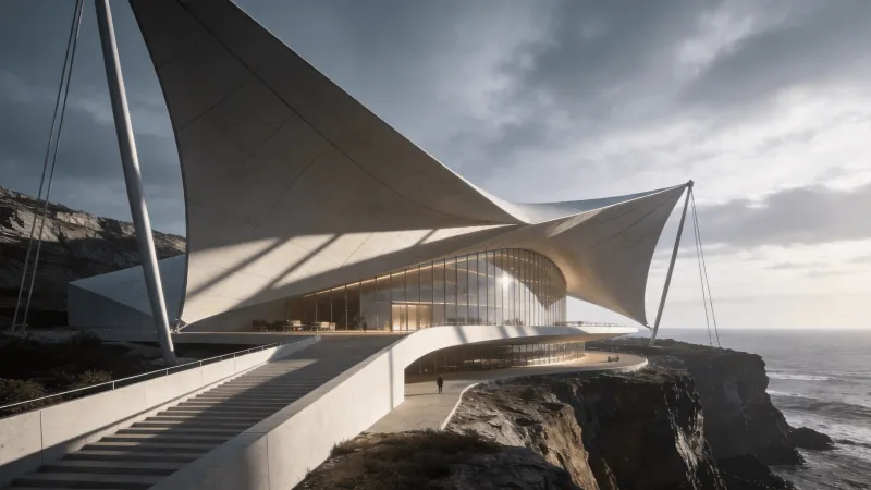 Cultural Center with Tensile Structure — Coastal Cliff