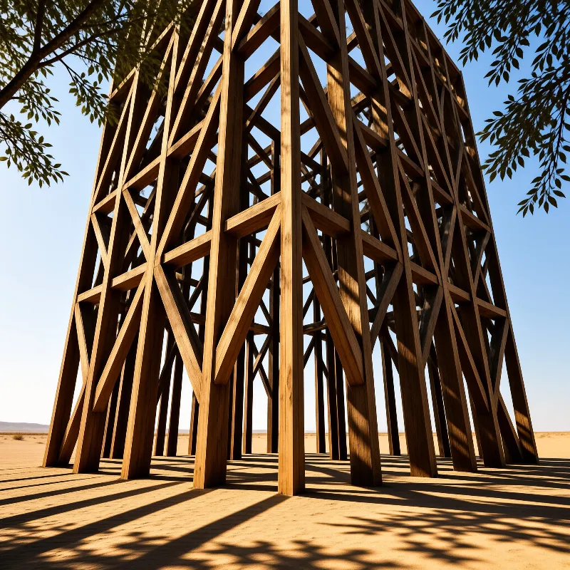 Interlocking timber beams form a tall open lattice pavilion casting long shadows across sunlit desert sand.