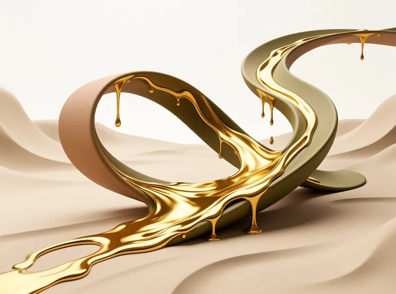 A shiny golden liquid flows over a smooth undulating beige surface with droplets cascading down