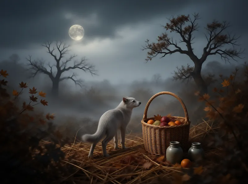 Autumn Night with Dog and Basket