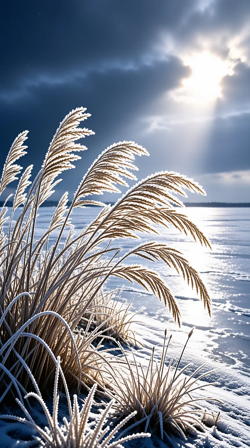 Tall frosted grass sways near a frozen lake while bright sunbeams burst through heavy dark clouds.