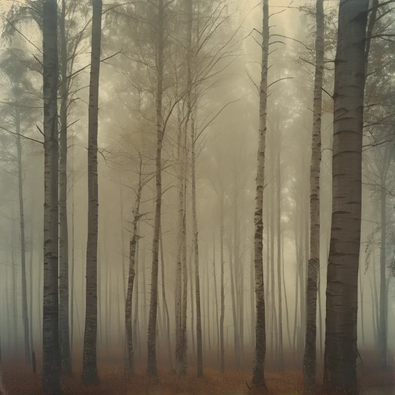 Tall slender birch trunks rise through dense fog above carpet of orange fallen leaves