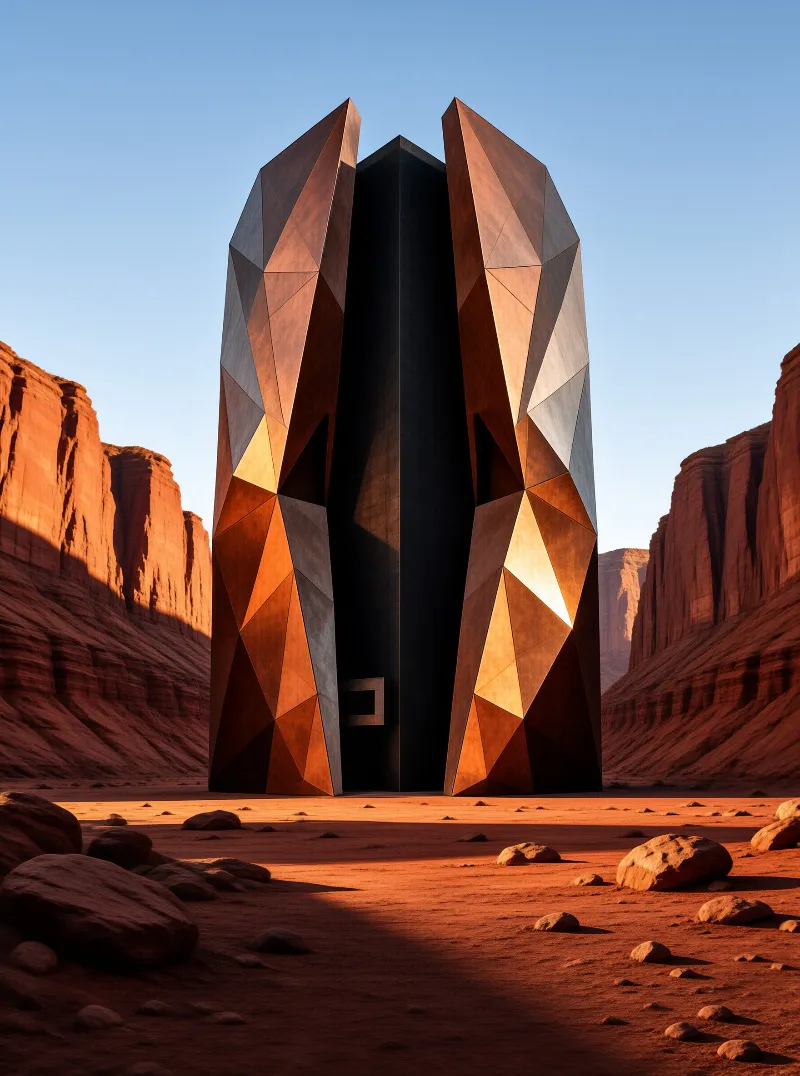A large faceted metallic monument stands split open within a red rock desert canyon under warm sunlight.