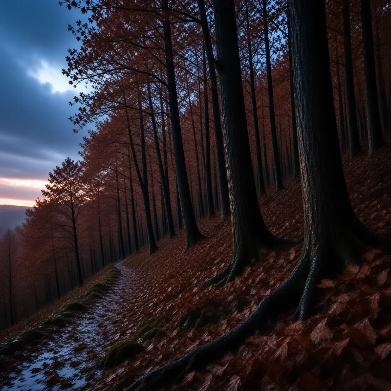 Tall dark trees line a leaf-strewn slope as the sky fades from blue to orange at twilight.