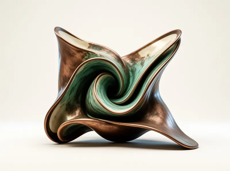A flowing metal form twists into a green patinated spiral against a clean pale studio background.