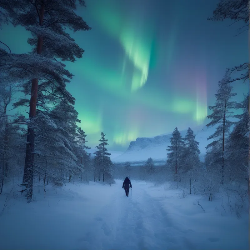 Lone Hiker Under the Aurora