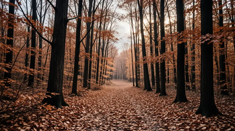 Sunlight streams through orange autumn trees along a straight forest path covered in thick fallen leaves receding into haze