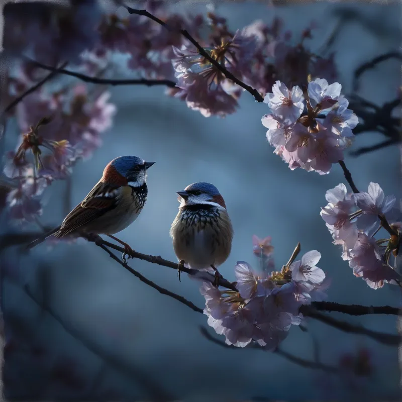 Two small songbirds sit together on a branch framed by soft pink cherry blossoms against a cool blue blurred background