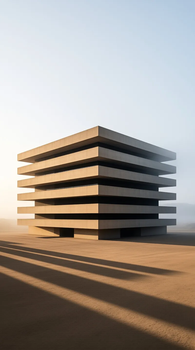 A cubic building with stacked horizontal layers casts long distinct shadows across the smooth sandy desert surface.
