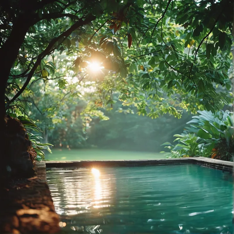 Morning light sparkles across a calm garden pool shaded by thick tropical leaves and ferns at the forest edge