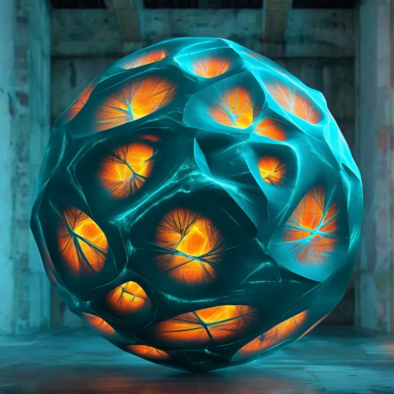 A large translucent sphere featuring glowing orange internal veins floats inside a dim concrete warehouse.