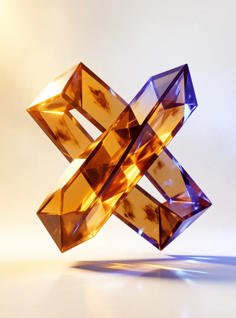 Three faceted gem-like shapes with internal textures cross each other while casting colorful caustic shadows on a reflective white surface.