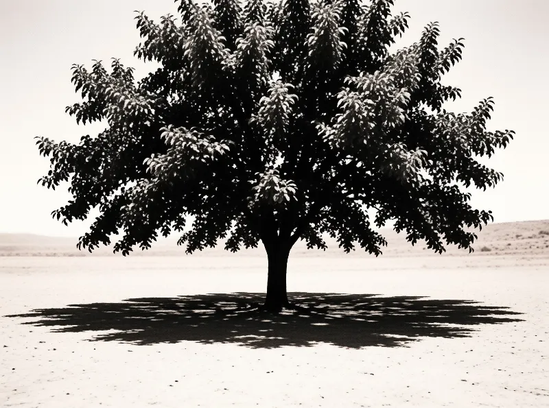A dark leafy tree grows isolated on a flat white expanse with a long shadow stretching across the ground.