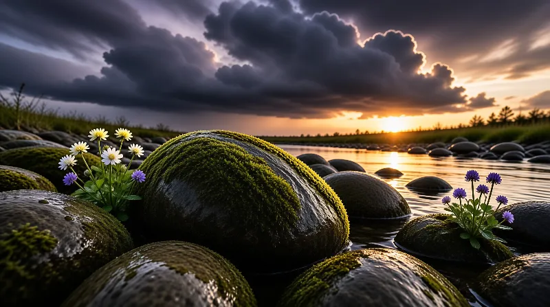 Large mossy boulders sit in shallow water while a dramatic sky with dark clouds and golden sunlight illuminates the horizon.