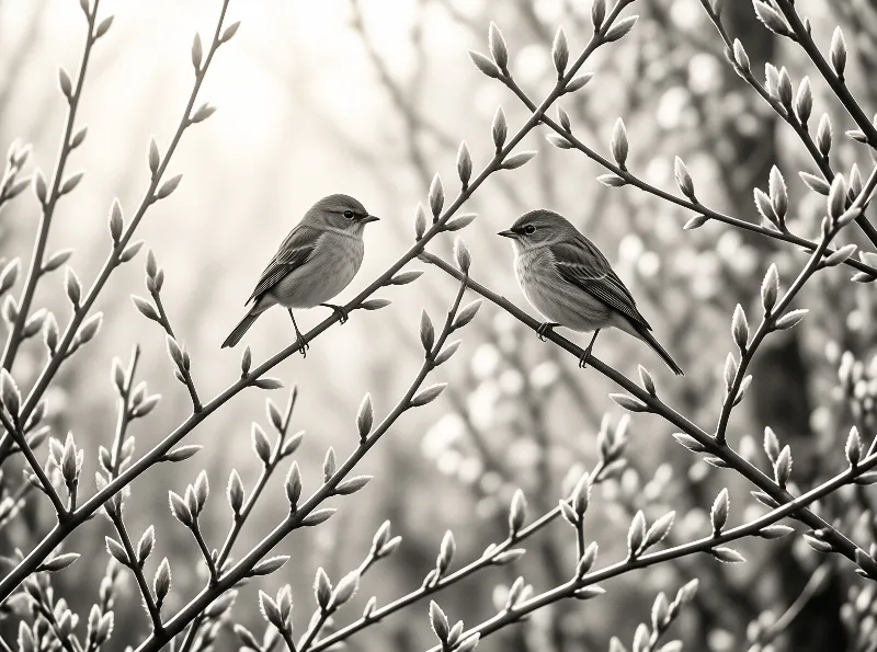 Two small avian creatures sit facing one another on thin limbs covered in emerging buds under soft natural illumination