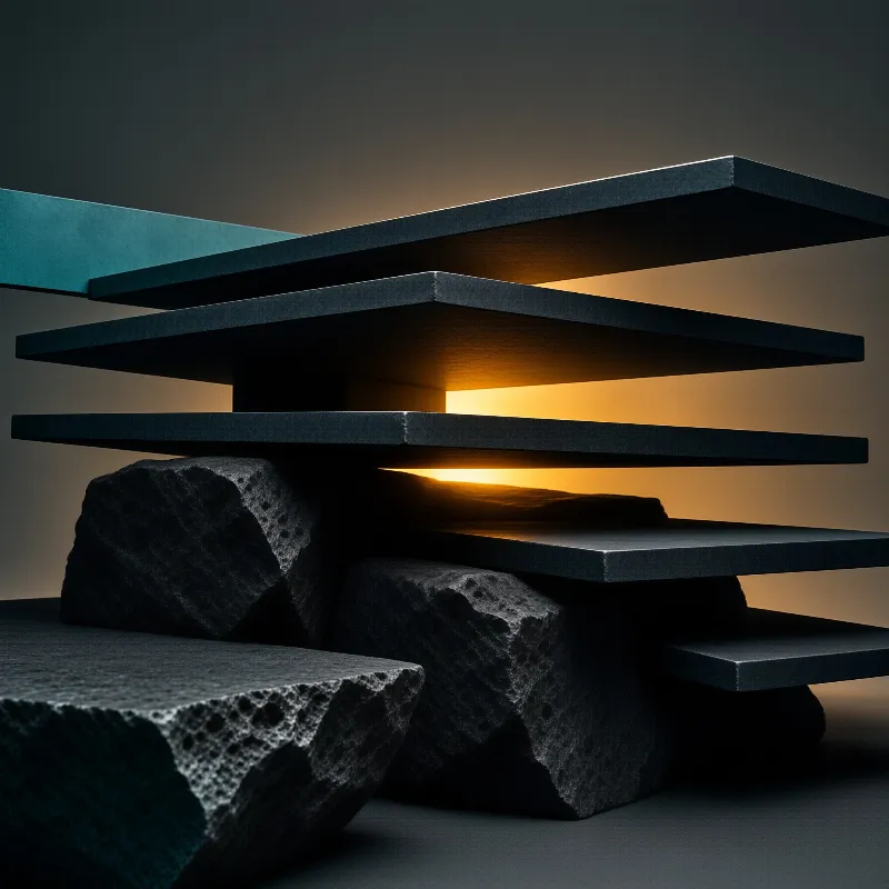 A stack of dark geometric plates rests upon rough porous volcanic stones while a bright amber light shines from underneath the layers creating high contrast shadows across the scene.