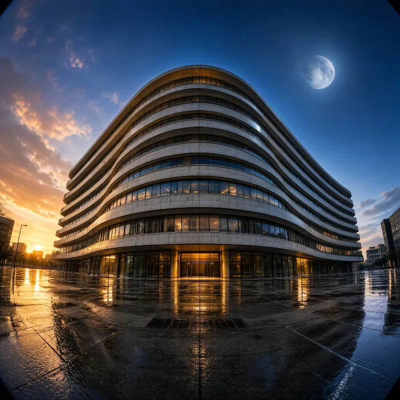 A modern curved concrete building set in a twilight-lit plaza with wet ground reflecting its golden interior lights and the warm sunset, against a deep blue sky with a visible moon
