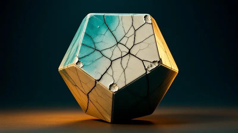 A geometric ceramic object with a teal and white crackle pattern sits on a wooden surface under warm golden light.