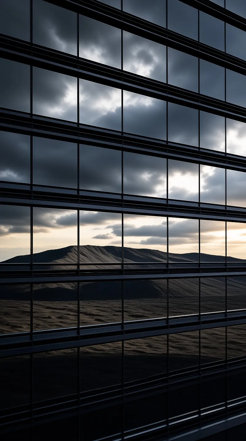 Grid of glass panels reflects rolling hills and dramatic clouds at dusk, with dark mullions framing the scenery.