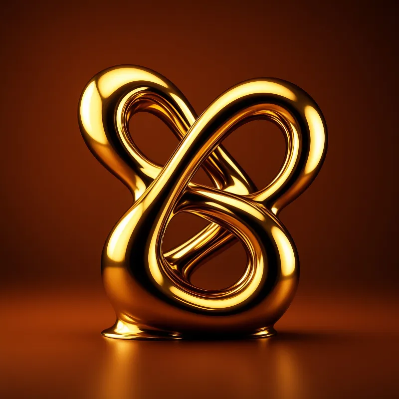 A glossy gold knot sculpture rests on a brown surface with warm lighting.