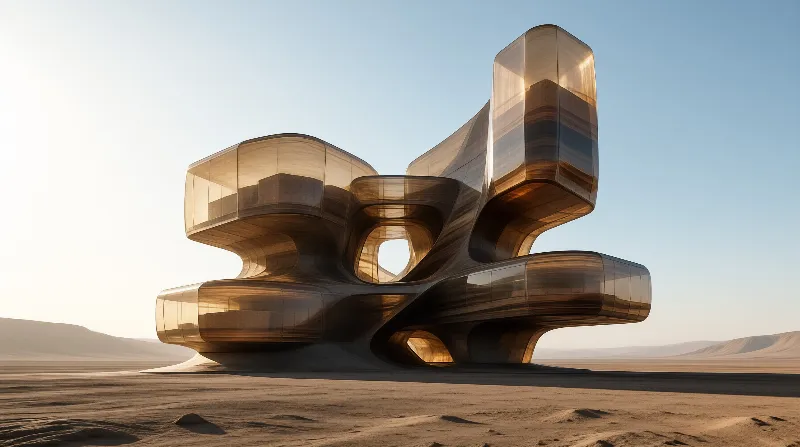Stacked amber glass volumes curve around an open plaza on flat sandy ground under pale skies.