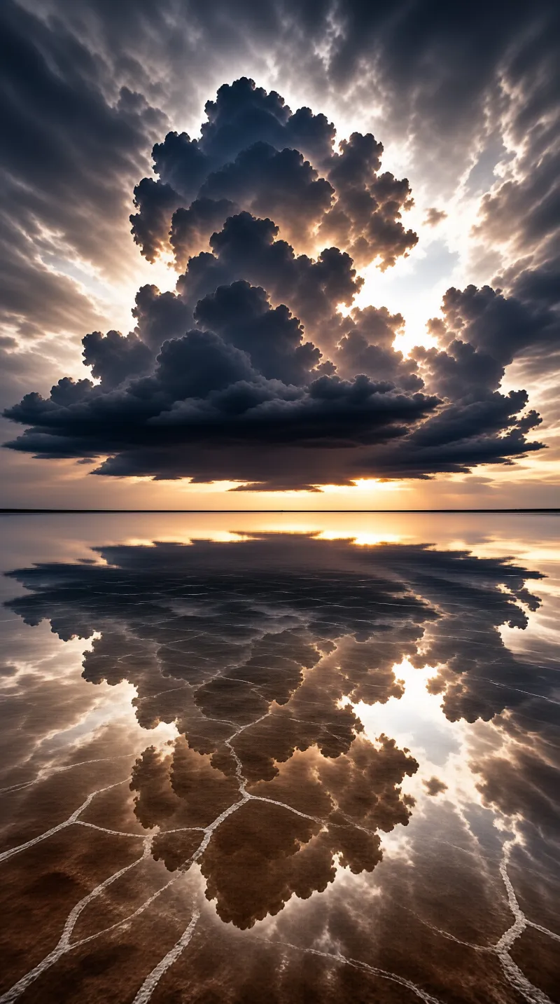 A towering sunlit cloud formation is reflected in a still salt flat veined with white mineral cracks.