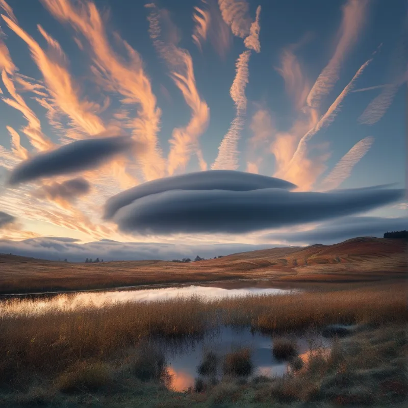 Rolling golden hills rise behind a calm pond reflecting a sky filled with streaky pink clouds and dark hovering formations.
