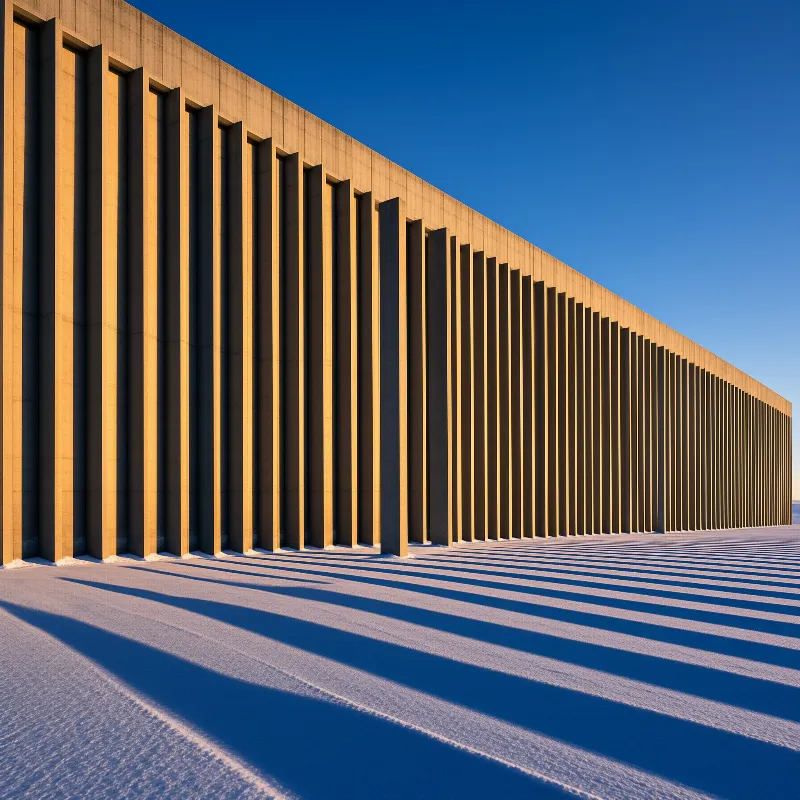 A long fluted building facade extends into the distance across a snowy plain under bright blue sky.