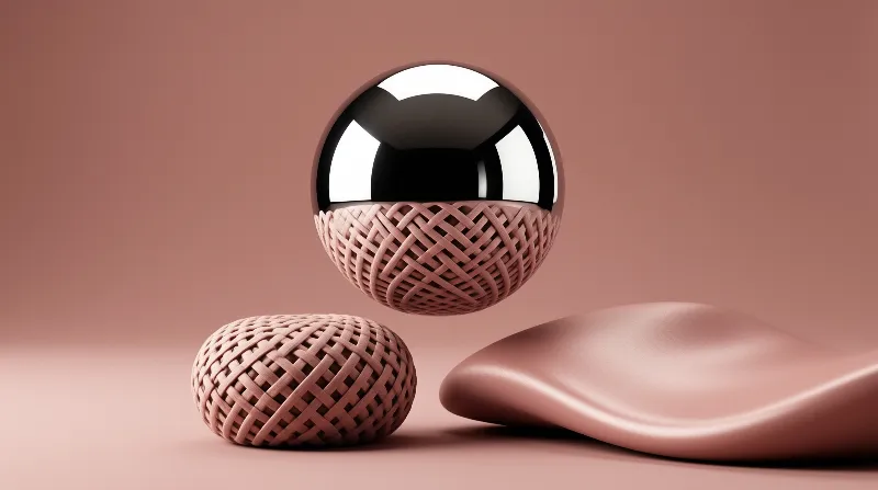 A split-tone sphere with a black top and woven base floats above a textured oval and smooth pink form.