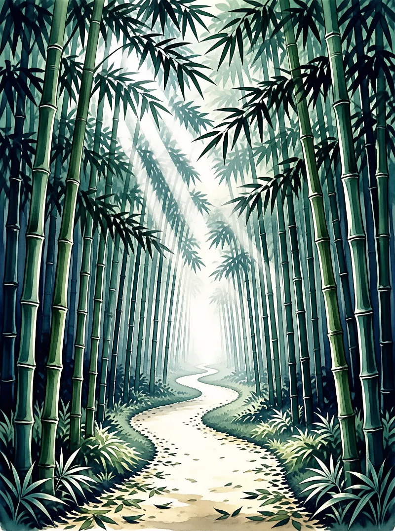 A winding sandy trail disappears into the misty depth of a dense green bamboo grove illuminated by soft sunlight.