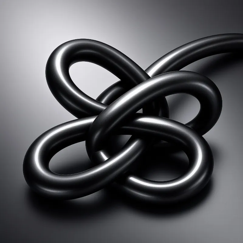 Interlocking glossy black metal tubes form a tangled knotted shape set against a smooth gradient gray studio backdrop with bright highlights tracing their curves.