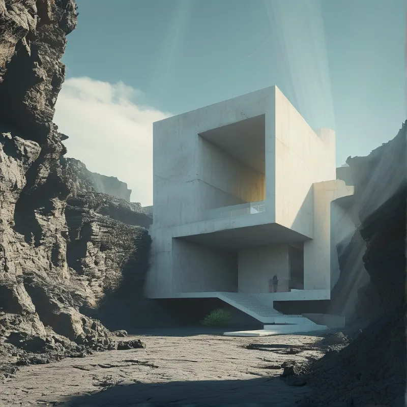 A white concrete cube house stands in a dry rocky canyon, lit by a shaft of sunlight.