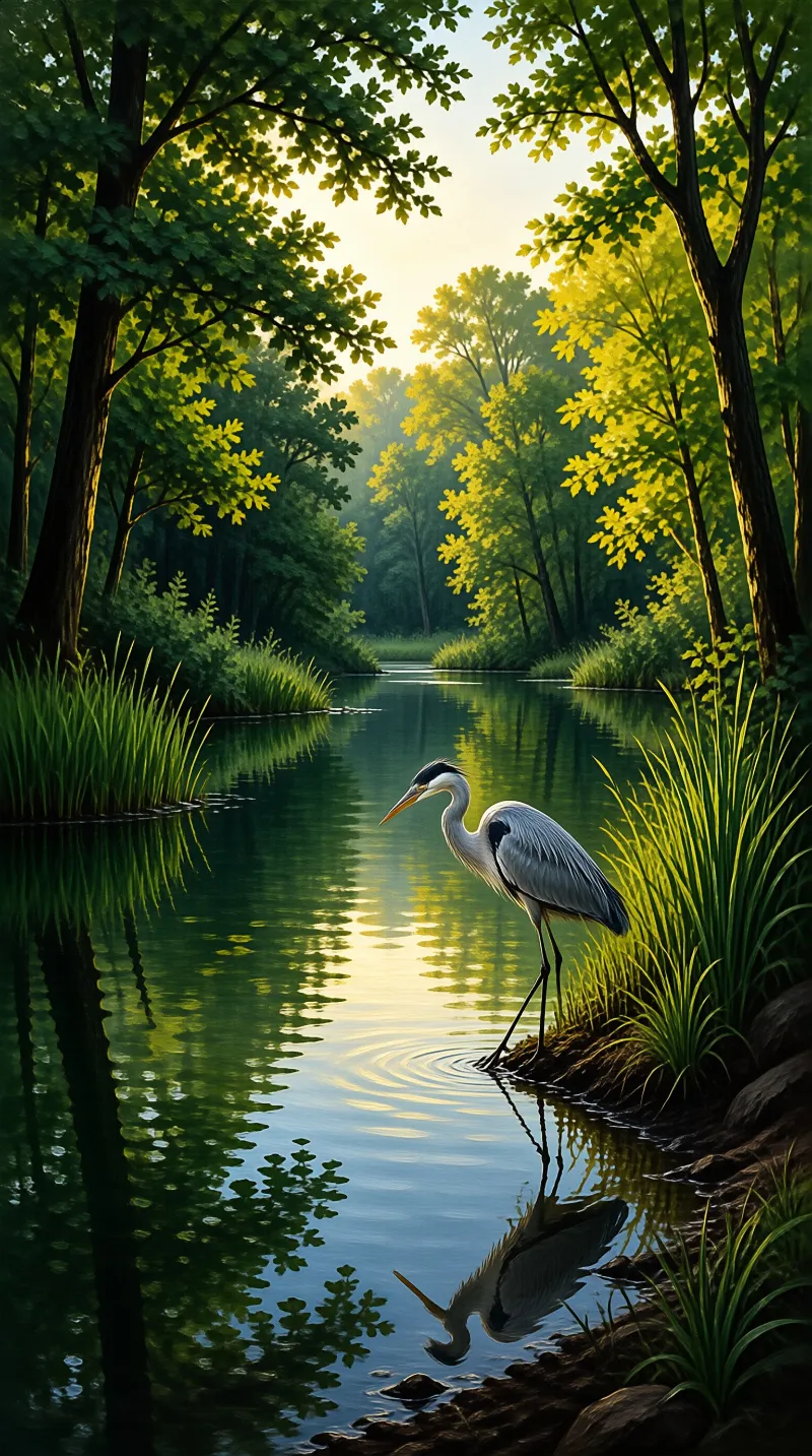 A large grey bird stands in a calm river surrounded by tall green trees and dappled sunlight reflecting on the water surface.