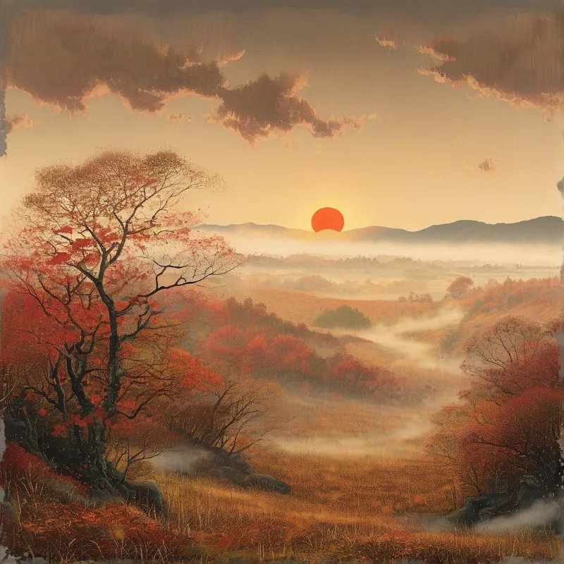 A large tree with autumn foliage stands beside a misty valley illuminated by a bright orange sun near the horizon.