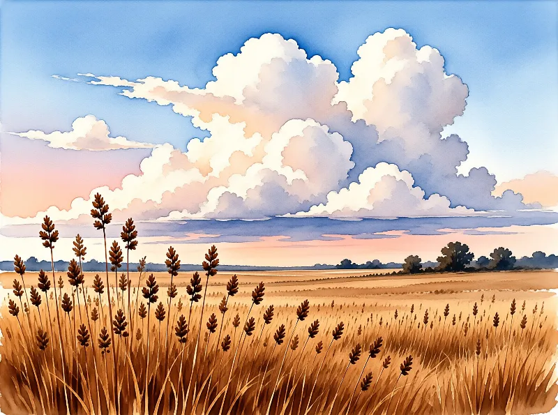 A watercolor painting of ripe grain crops swaying beneath large fluffy clouds during twilight.